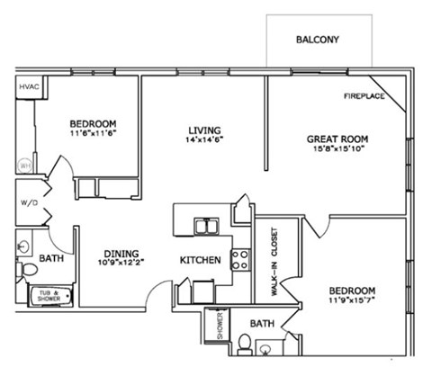 Floor plan for 2 beds, 2 baths, 1293 sqft